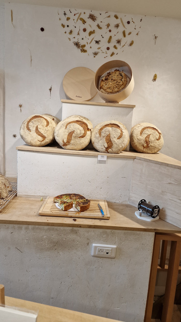 Miches Poilâne au levain naturel exposées dans la boulangerie de la rue de Lévis à Paris